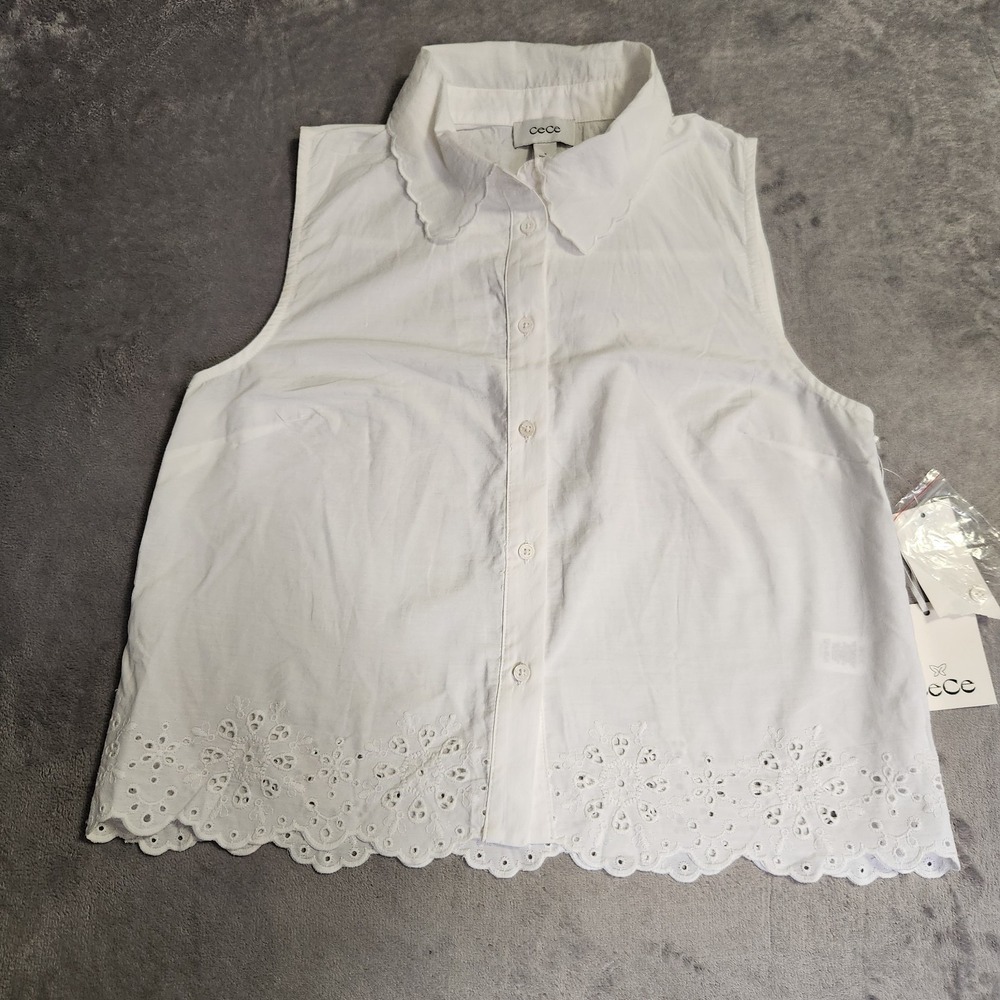 New CeCe Women's White Eyelet Scalloped Collar Sleeveless Button Small S  Shirt
